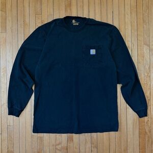 Y2K Carhartt Men's Faded Black Distressed Long Sleeve Chest Pocket Tee Sz. M
